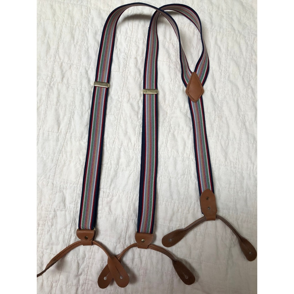 Vintage Lee Mens Striped Suspenders Leather Button End Y-Back Multi-Color